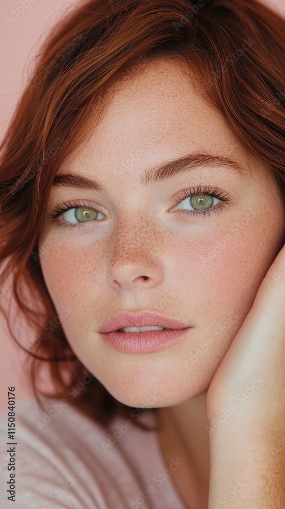 Fototapeta premium Natural Beauty Close-Up Portrait of Young Woman with Red Hair, Freckles, and Green Eyes, Emphasizing Fresh, Radiant, and Confident Features in Soft Lighting for Modern Portrait Photography