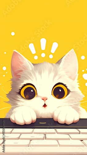 Curious White Cat Peeking Over Keyboard