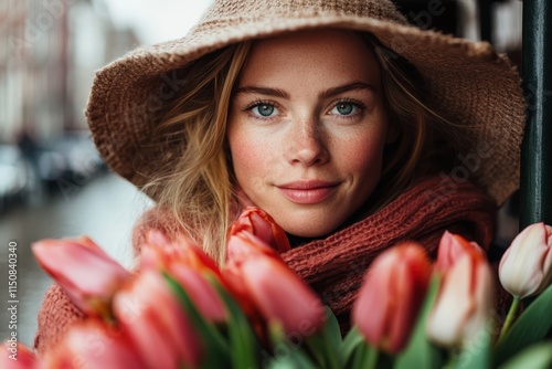 A woman wearing a wide-brimmed hat and scarf holds a bouquet of tulips, standing by a canal. Her expression is serene, with a cityscape in the background. photo