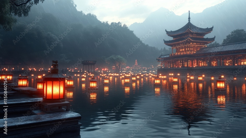 Obraz premium Serene Evening Scene with Lanterns and Traditional Architecture