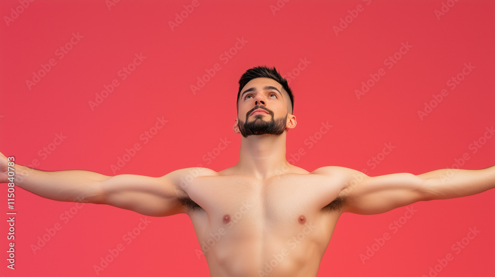 Fototapeta premium Strong Male Dancer with Arms Outstretched Against a Solid Red Background in Dramatic Light Showcasing Power, Movement, and Expression in Modern Dance Photography