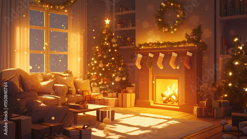 Cozy Christmas Room with a Glowing Fireplace