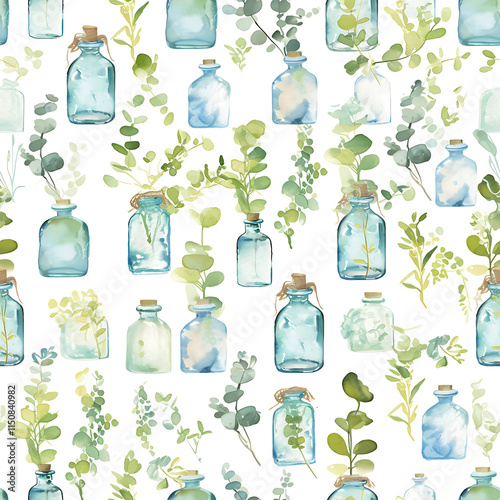 Blue Glass Bottles with Greenery - Seamless Pattern Design