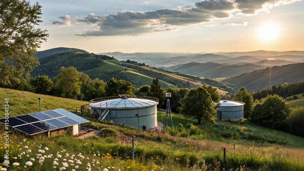 A tranquil landscape features solarpowered water treatment units amidst nature. A tranquil landscape features solarpowered water treatment units amidst nature.
