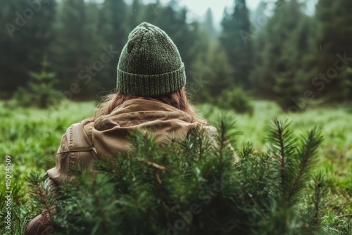 An adventurer wearing a beanie and backpack finds solitude in a vibrant green forest, embracing nature's beauty and offering a moment of quiet reflection. photo