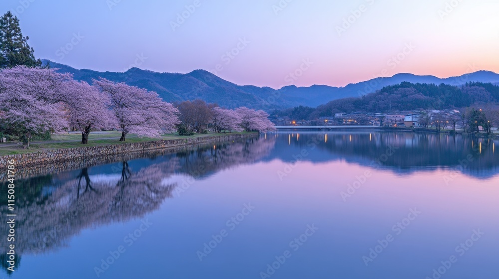 Fototapeta premium Serene Cherry Blossom Reflection at Dusk by a Calm Lake
