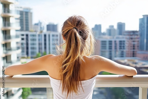 A woman stands on a balcony, gazing at a sprawling cityscape under a bright sky, embodying relaxation, urban lifestyle, and the vastness of city living. photo