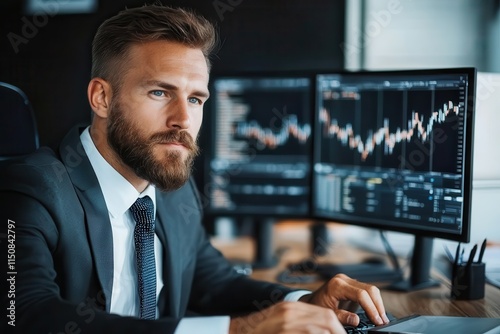Wallpaper Mural In a formal setting, a suited man intently examines financial graphs on dual monitors, illustrating focus and attention to economic analysis and trends. Torontodigital.ca