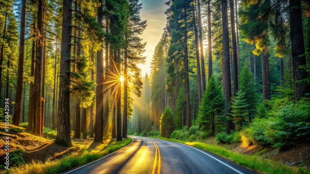 Obraz premium Sunlight filtering through a canopy of trees illuminates a winding road in a dense forest