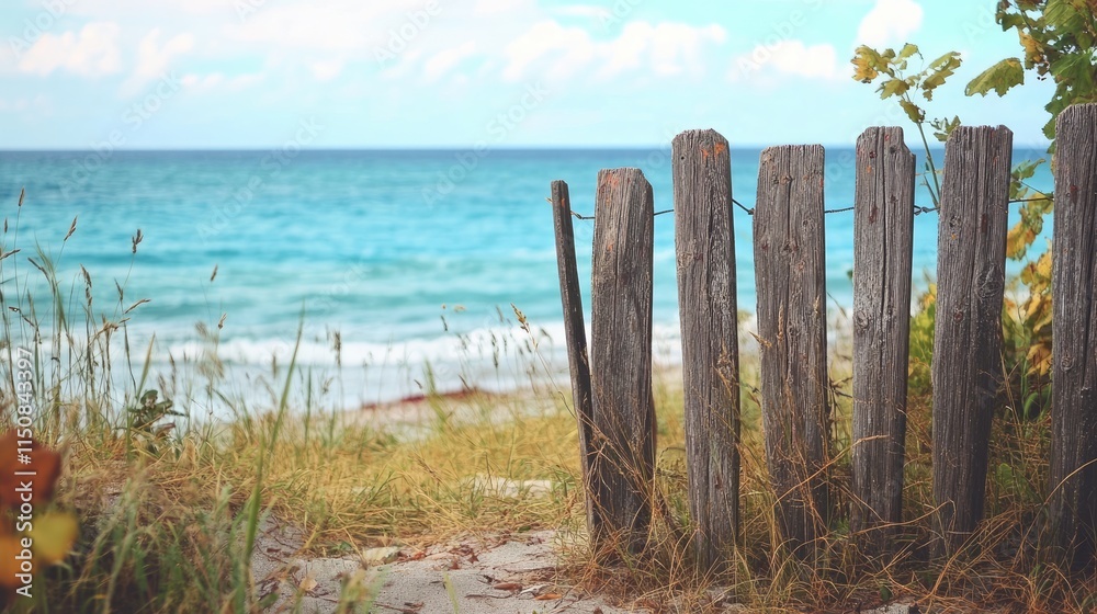Wooden Fence Overlooking Tranquil Ocean and Beach Scene in Summer Wooden Fence Overlooking Tranquil Ocean and Beach Scene in Summer