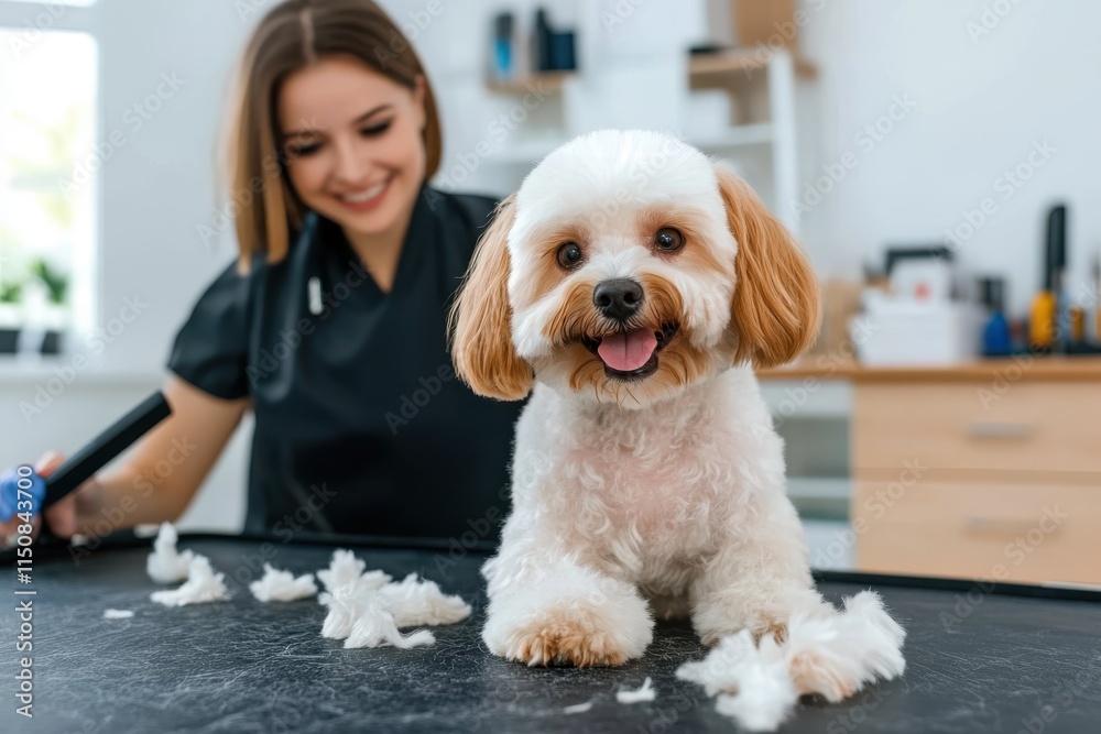 A professional groomer tends to a fluffy white dog with a joyful expression, surrounded by fur trimmings, emphasizing care and attention. A professional groomer tends to a fluffy white dog with a joyful expression, surrounded by fur trimmings, emphasizing care and attention.