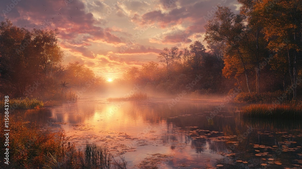 Tranquil Sunset Reflections Over Misty Lake with Trees and Colorful Sky Tranquil Sunset Reflections Over Misty Lake with Trees and Colorful Sky