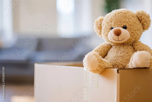 A delightful teddy bear with a gentle smile resides on a cardboard box's edge, offering a sense of comfort and nostalgia in a peaceful setting. photo