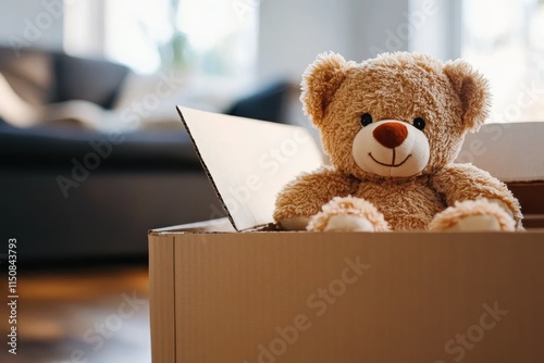 An inviting teddy bear sits snugly on a cardboard box's corner, creating a welcoming, heartwarming scene reminiscent of cozy, nostalgic childhood moments. photo