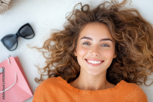 A smiling woman with curly hair lies in a cozy setting wearing an orange sweater, embodying warmth, comfort, and a sense of fashionable ease in the environment.