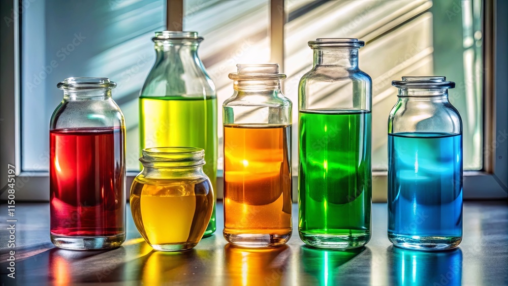 A row of glass bottles filled with colorful liquids, illuminated by the warm glow of sunlight filtering through a window