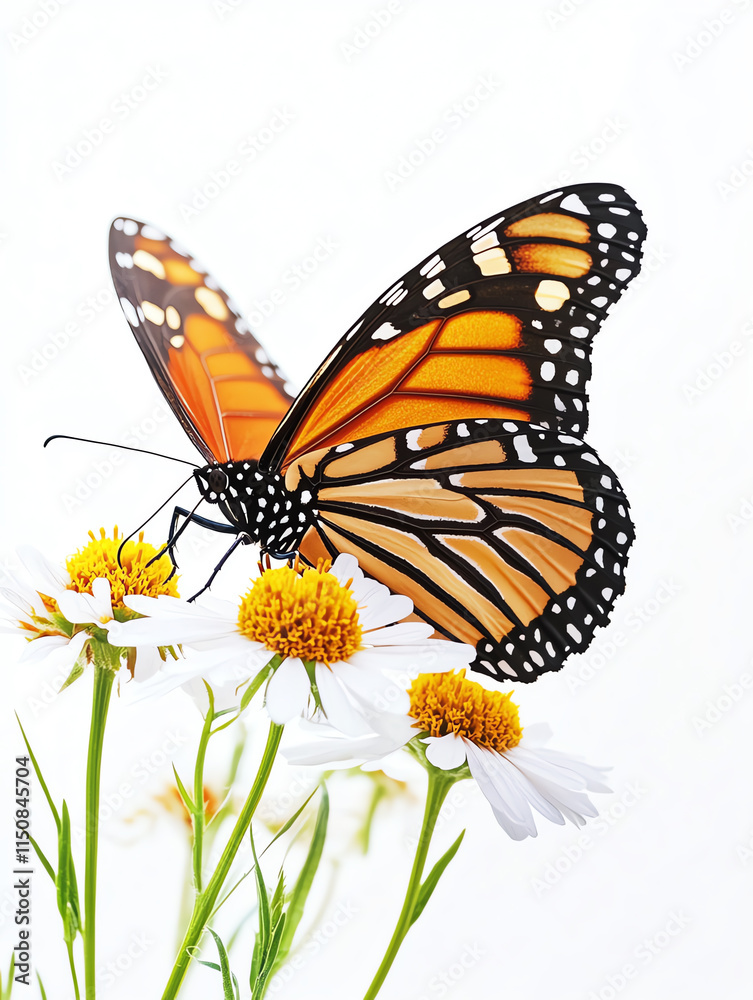 Fototapeta premium A vibrant monarch butterfly rests gracefully on blooming daisies, capturing the beauty of nature.
