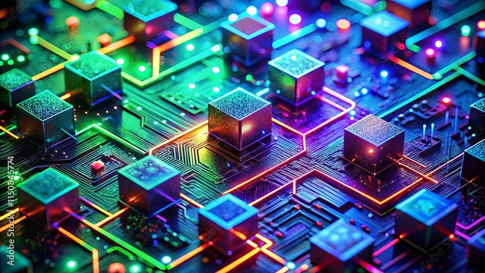A futuristic circuit board with glowing lines and metallic cubes, showcasing the intricate pathways of interconnected data flow. A futuristic circuit board with glowing lines and metallic cubes, showcasing the intricate pathways of interconnected data flow.
