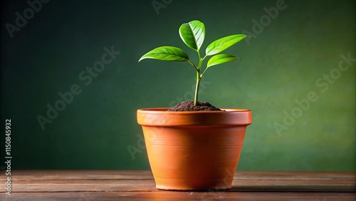 A young sprout with vibrant green leaves emerges from rich soil in a simple terracotta pot, symbolizing growth and renewal, set against a backdrop of deep green.