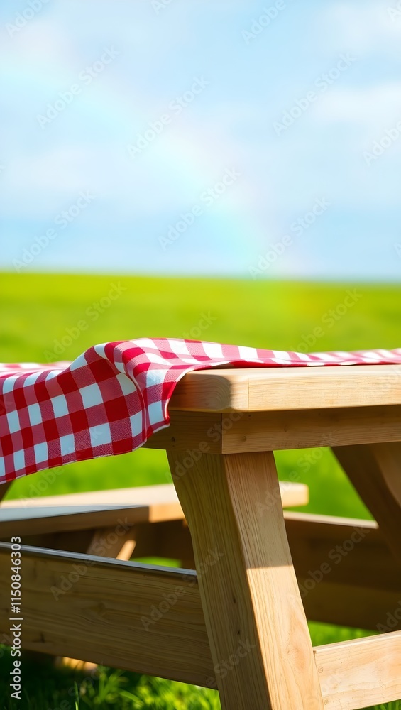 Fabric cloth or placemat on wood table top on fresh blue sky with rainbow, wallpaper, background Fabric cloth or placemat on wood table top on fresh blue sky with rainbow, wallpaper, background
