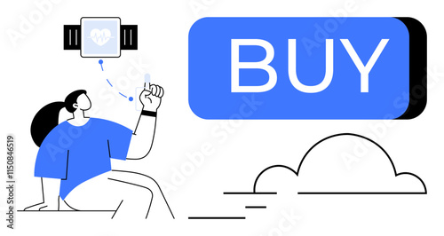 Woman raises finger towards smartwatch with heartbeat icon large BUY button, cloud and flow lines. Ideal for e-commerce, wearable tech, digital marketing, fitness, health tech, online shopping