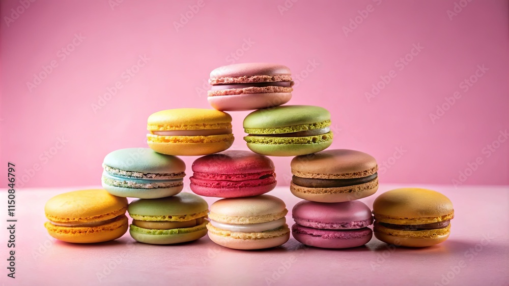 A delightful pyramid of colorful almond meringue cookies, arranged on a pink surface for a sweet and stylish presentation A delightful pyramid of colorful almond meringue cookies, arranged on a pink surface for a sweet and stylish presentation