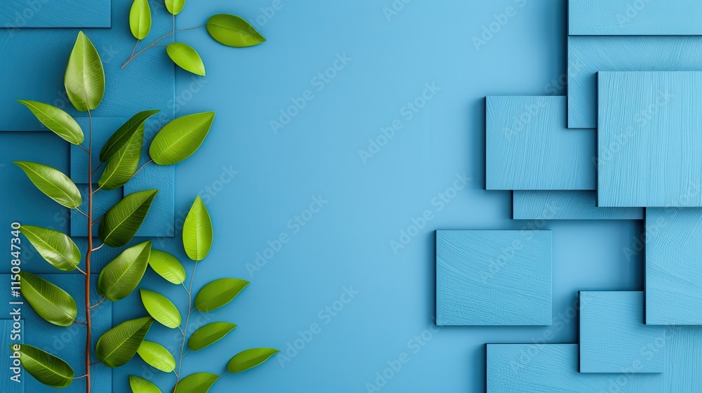 Fototapeta premium Abstract Green Branch with Blue Geometric Pattern Background