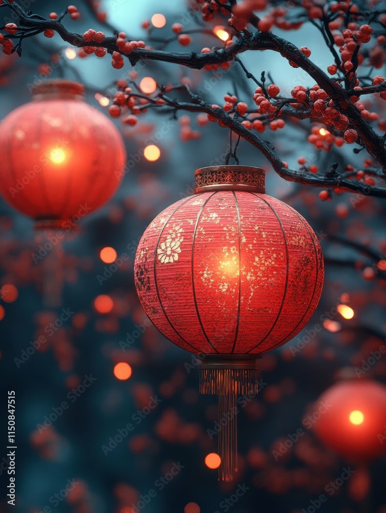 Obraz premium Beautiful red lanterns hanging amidst cherry blossoms, creating a serene festive atmosphere.