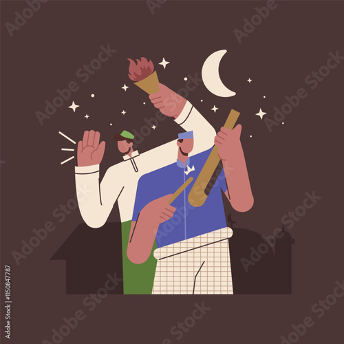 Flat Illustration of a Man Waking Up Neighbors for Suhoor Using a Traditional Drum