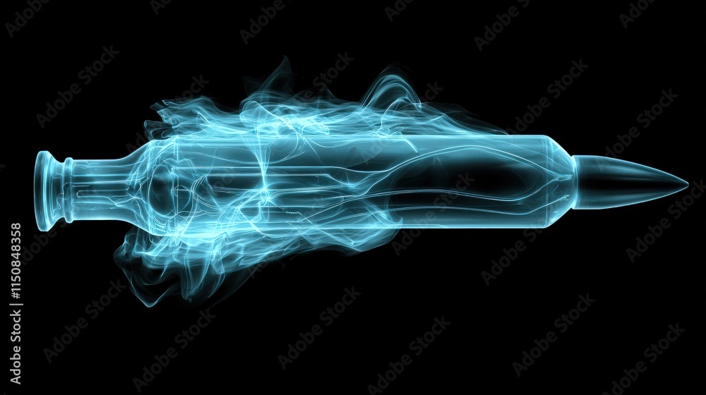 Fototapeta premium Abstract blue bullet in motion, smoke trail.