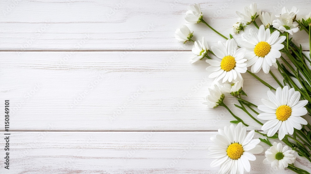 Fototapeta premium White daisies on light wooden surface with copy space