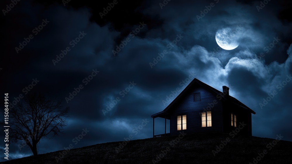 Moonlit night with silhouette of house on hill Moonlit night with silhouette of house on hill