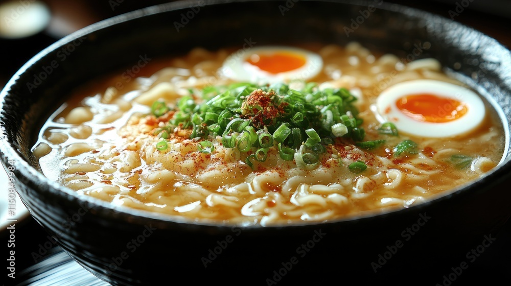 Close-up of a bowl of ramen noodles with two soft-boiled eggs and green onions. Close-up of a bowl of ramen noodles with two soft-boiled eggs and green onions.