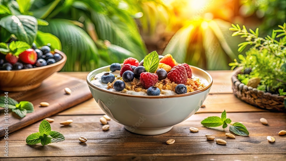 A refreshing bowl of creamy yogurt topped with granola, blueberries, raspberries, and strawberries, bathed in sunlight on a wooden table amidst lush greenery A refreshing bowl of creamy yogurt topped with granola, blueberries, raspberries, and strawberries, bathed in sunlight on a wooden table amidst lush greenery