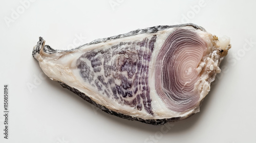 A cut-out style of a swordfish steak with dramatic blue and grey patterns on the skin, delicate striations in the flesh blending white and pastel pink tones. Perfectly symmetrical cut with visible det photo