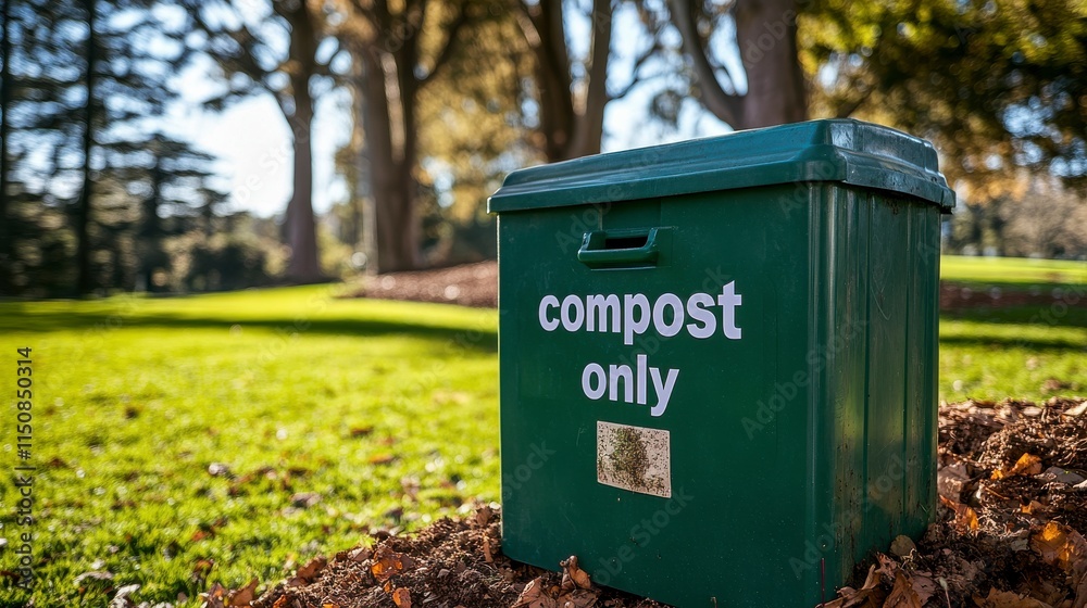 Green Compost Bin in a Serene Park Setting Surrounded by Lush Grass and Trees Promoting Sustainable Waste Management Practices for Eco-Friendly Living Green Compost Bin in a Serene Park Setting Surrounded by Lush Grass and Trees Promoting Sustainable Waste Management Practices for Eco-Friendly Living