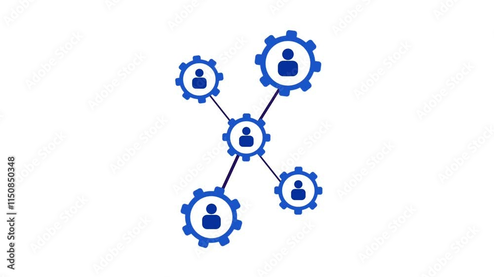 Animation of blue gear network graphic with human icons, symbolizing collaboration and connectivity, set against a clean white background for clarity Animation of blue gear network graphic with human icons, symbolizing collaboration and connectivity, set against a clean white background for clarity