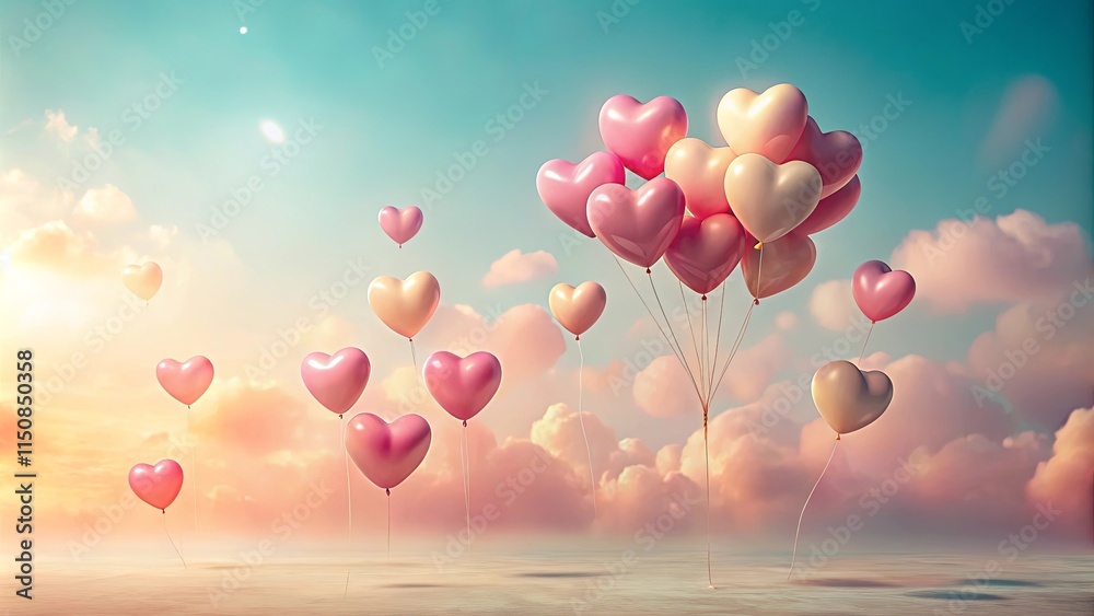 Fototapeta premium Heart-shaped balloons ascend into a dreamy, pastel sky, a romantic scene of love and affection.