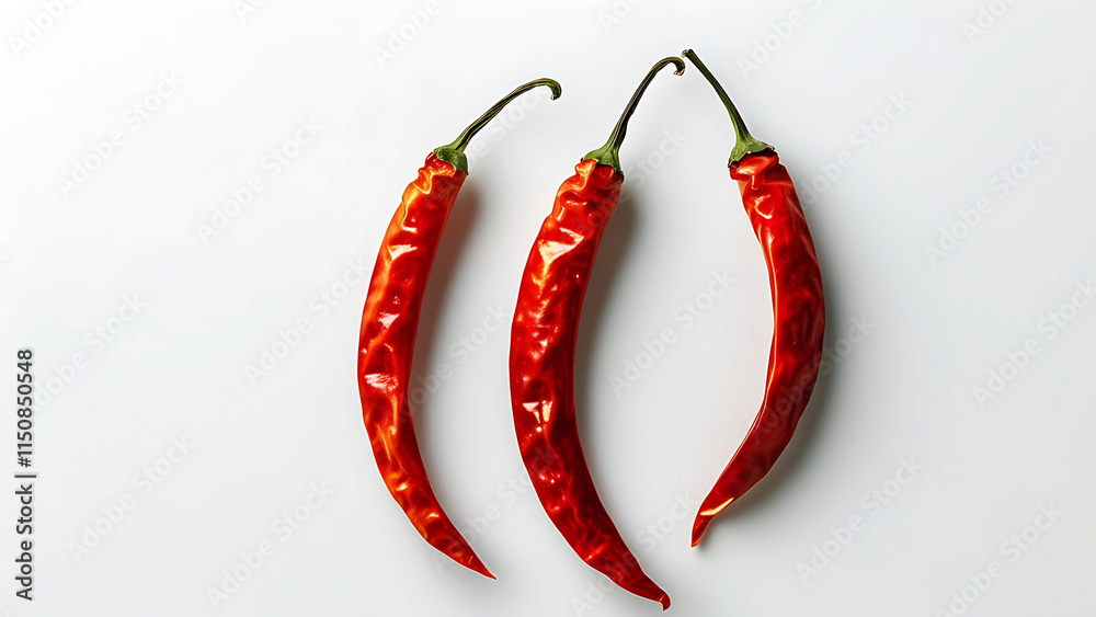 Three Dried Red Chili Peppers on White Background. Spicy, hot, food, ingredient, culinary concept. Three Dried Red Chili Peppers on White Background. Spicy, hot, food, ingredient, culinary concept.
