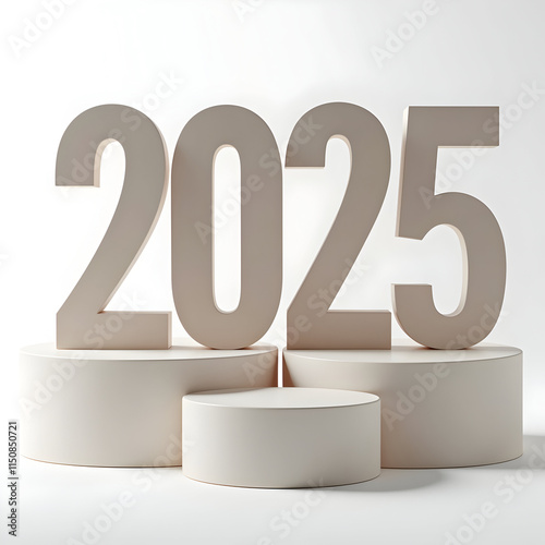 Silver 2025 on Grey Podium - Modern and Sleek New Year Display