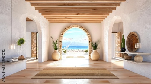 Island Charm: A Greek-Inspired Entrance Hall Design with Distinctive Doorway
