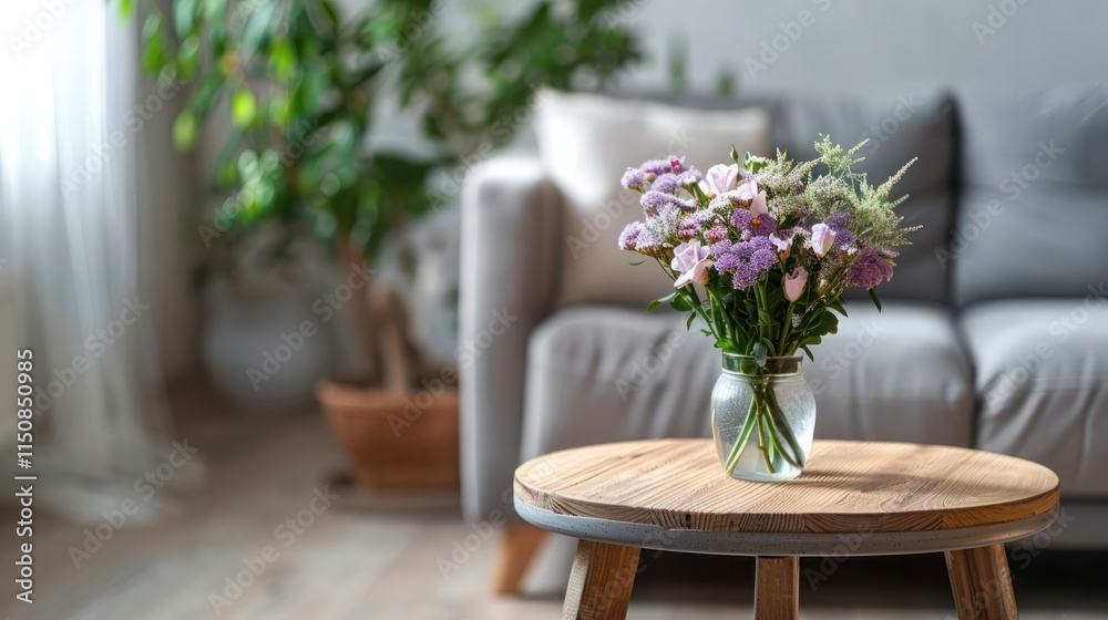 Obraz premium Flowers in wooden table in front of grey settee in modern simple apartment interior with stool