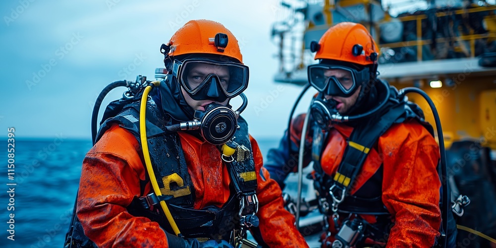 Repair divers before diving into the sea against the background of a ship Repair divers before diving into the sea against the background of a ship