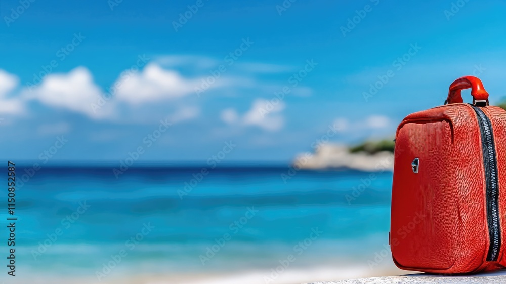 Vibrant red suitcase stands on beach with turquoise sea and clear blue sky in background Vibrant red suitcase stands on beach with turquoise sea and clear blue sky in background