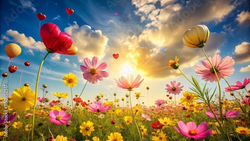 Heart-shaped balloons ascend above a vibrant field of cosmos flowers bathed in the golden light of a breathtaking sunset.