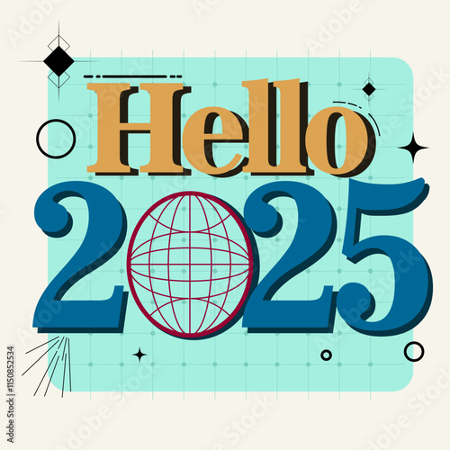 Typography hello 2025 colorful Happy New Year card, poster, banner and card design