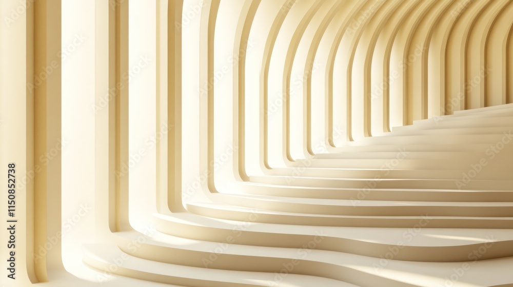 Fototapeta premium Abstract beige architectural tunnel with curved columns and walls.