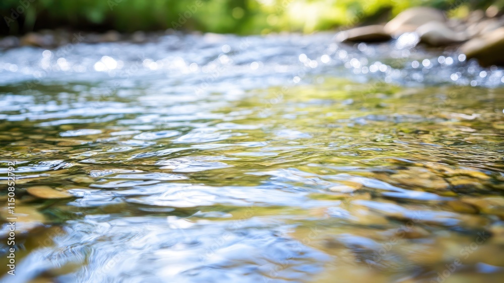 Fototapeta premium Clear, flowing river water surrounded by greenery and stones