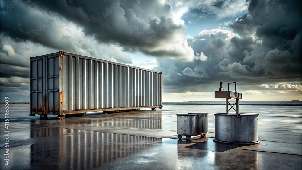 Obraz premium Industrial Cargo Container on a Wet Dock Under a Dramatic Sky