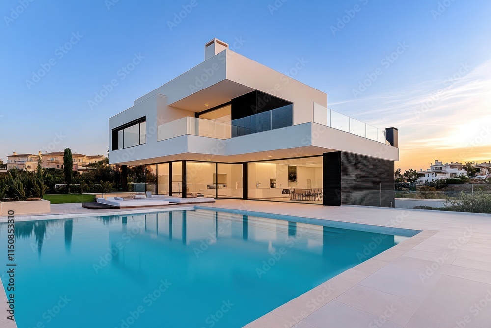 Fototapeta premium Sunset Oasis: Minimalist Cubic Villa with Pool